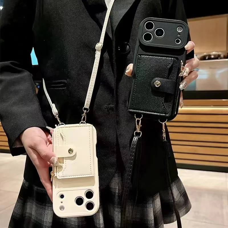 Brieftaschen-Lanyard-Hülle für iPhone 17 Pro Max Air 18 12 13 15 16 14 Plus mit Kartenfächern, Umhängegurt, Leder, modische Reißverschlusstasche – Detail 4