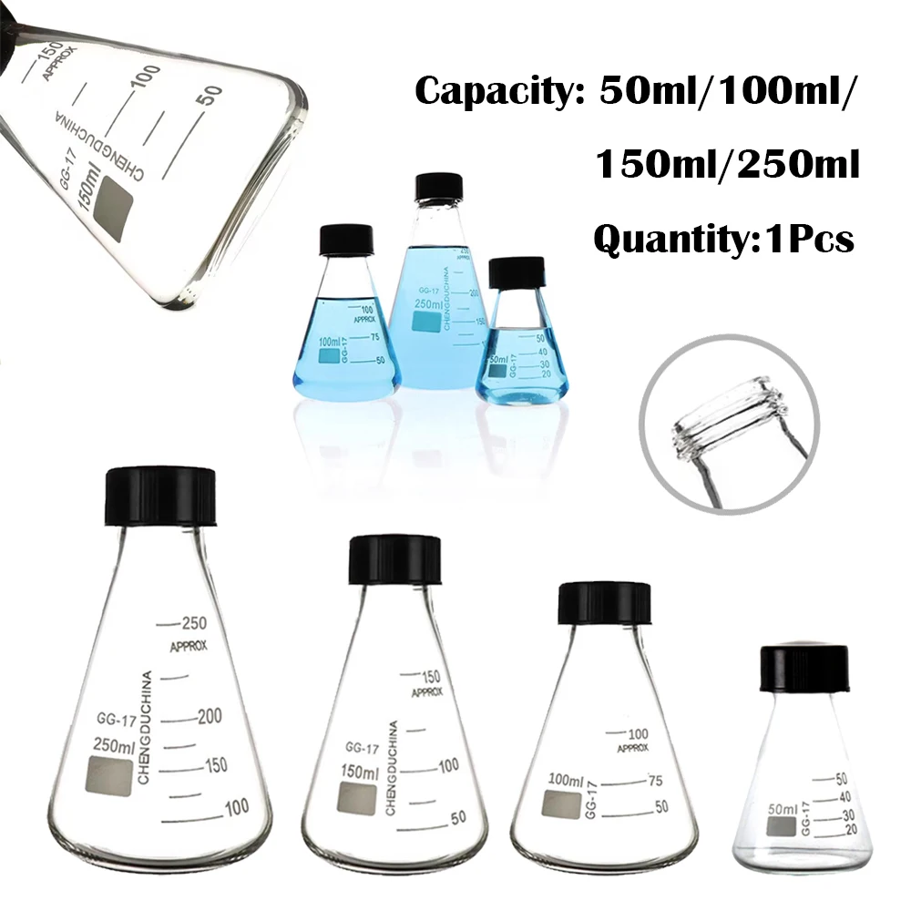 قارورة Erlenmeyer من زجاج البورسليكات 50-250 مللي مع غطاء برغي أسود، قوارير مخروطية للمختبر لأدوات مختبر العلوم لتجربة الكيمياء