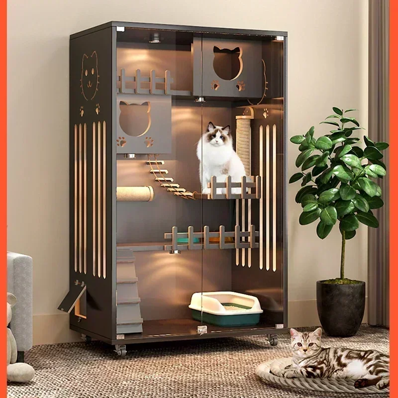 

For Movable Solid Wood Cat Cage For Living Room Cat House Two-layer One-piece Retro Light Luxury Creative Household Cage For Cat