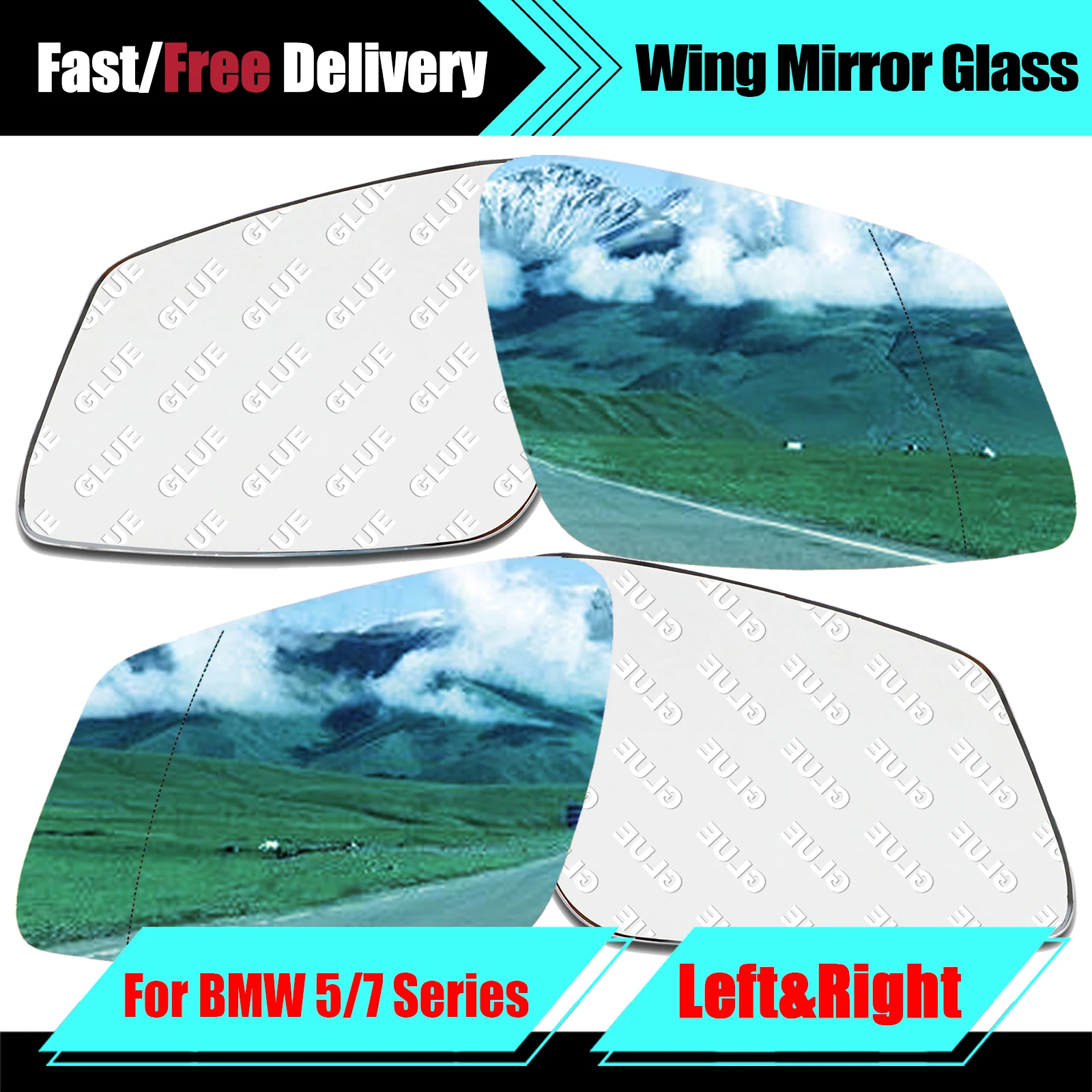 1 Pair Blue Wing Mirror Glass Self-Adhesive Blind Spot For BMW F02 F07 F10 F18 E60 5 Series 7 Series Left Right Side Replacement