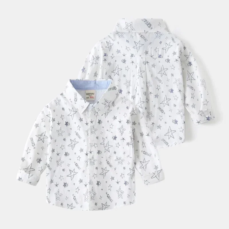 Boys Fashion Five-pointed Star Full Print Shirt New 2025 Spring Autumn Kids Long Sleeve Lapel Shirts Tops Child Casual Clothing