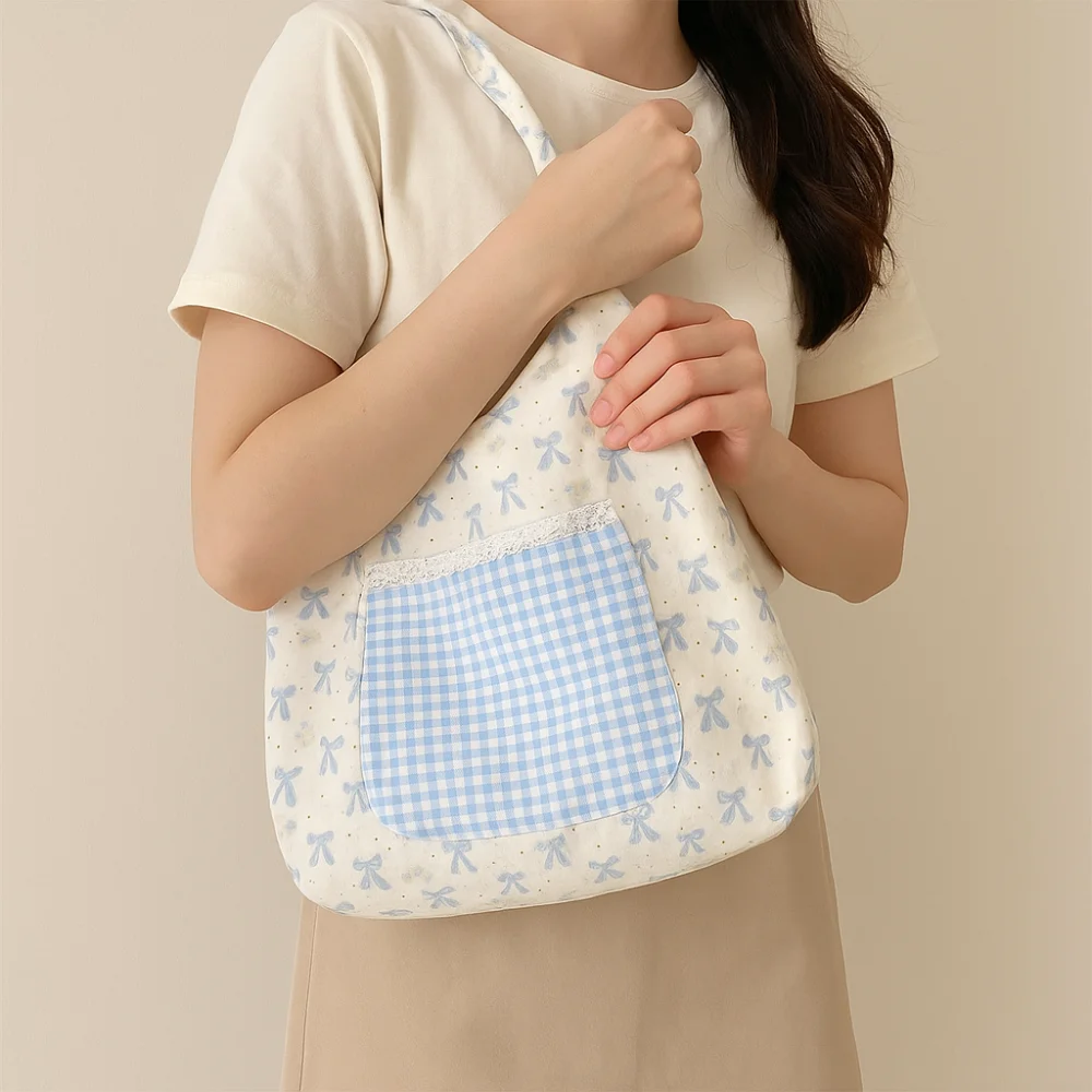 

Casual Sweet Bowknot Vest Bag Fairy Leisure Floral Plaid Shoulder Bag Commuting Large Capacity Canvas Tote Bag Women