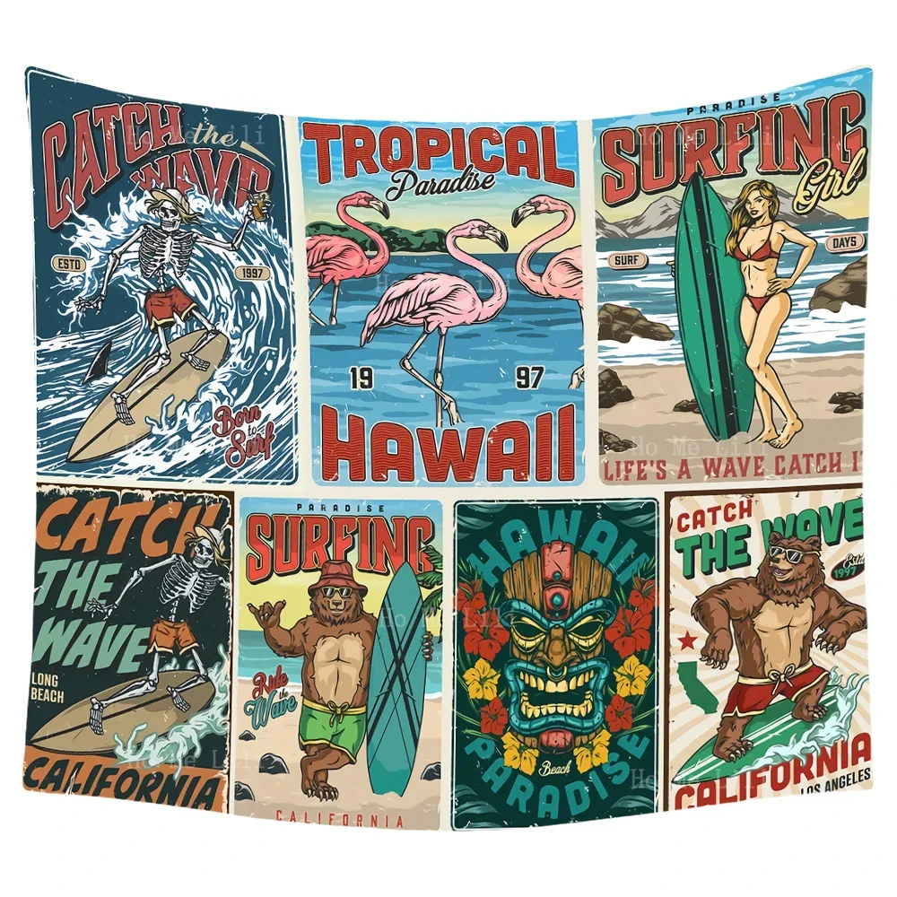 Surfer Bear Beach Surfing Palm Trees Tiki Mask Shark Wooden House Tropical Vintage Hawaii Tapestry By Ho Me Lili Wall Decor