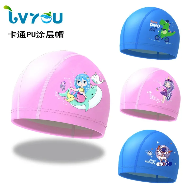 Children\'s Swimming Cap PU Swimming Cap for Boys and Girls Cute Cartoon Printed Coated Swimming Cap Waterproof Ear Protector