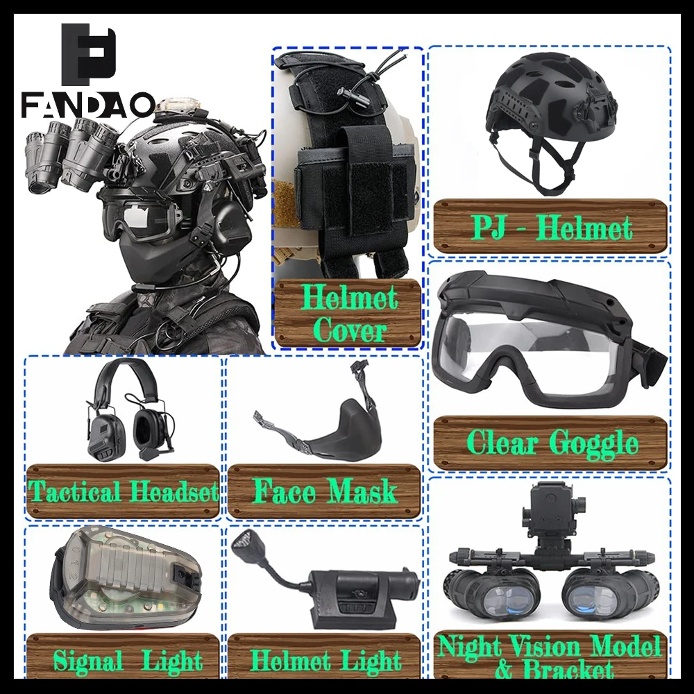 

Tactical Paintball Helmet Set High Cut Fast Helmet With Mask NVG Model Signal Light Earphone Glasses For Sports Hunting Shooting