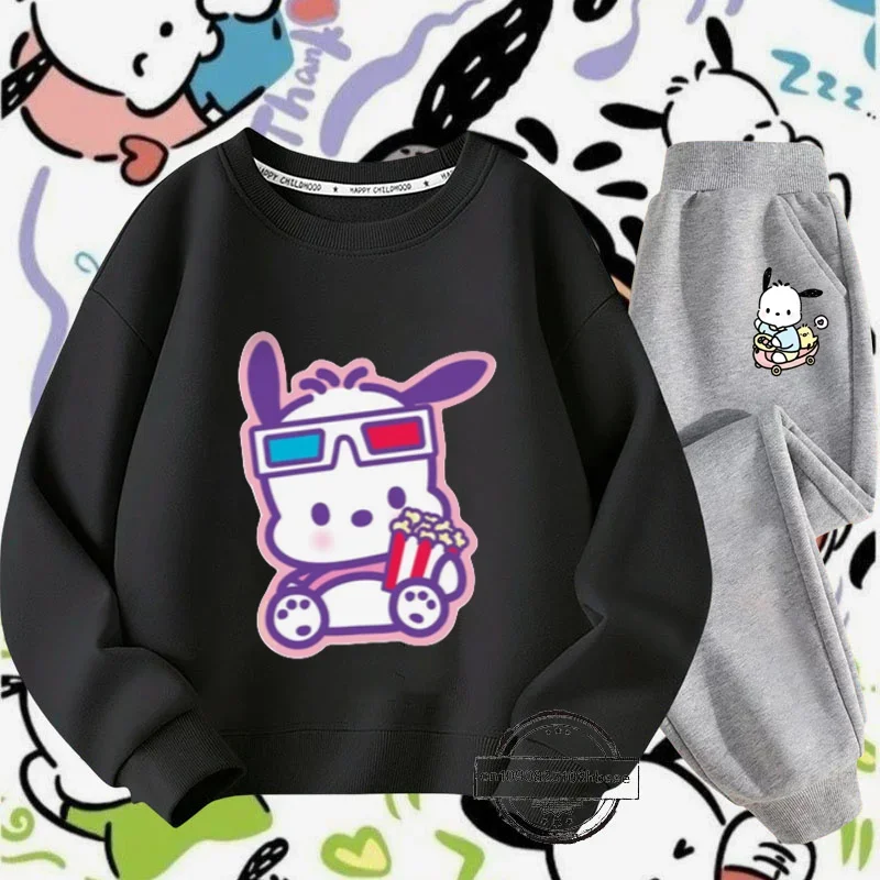 Autumn and winter new cartoon print Pochacco Sanrio children's crewneck hoodie set boys and girls autumn long sleeve casual