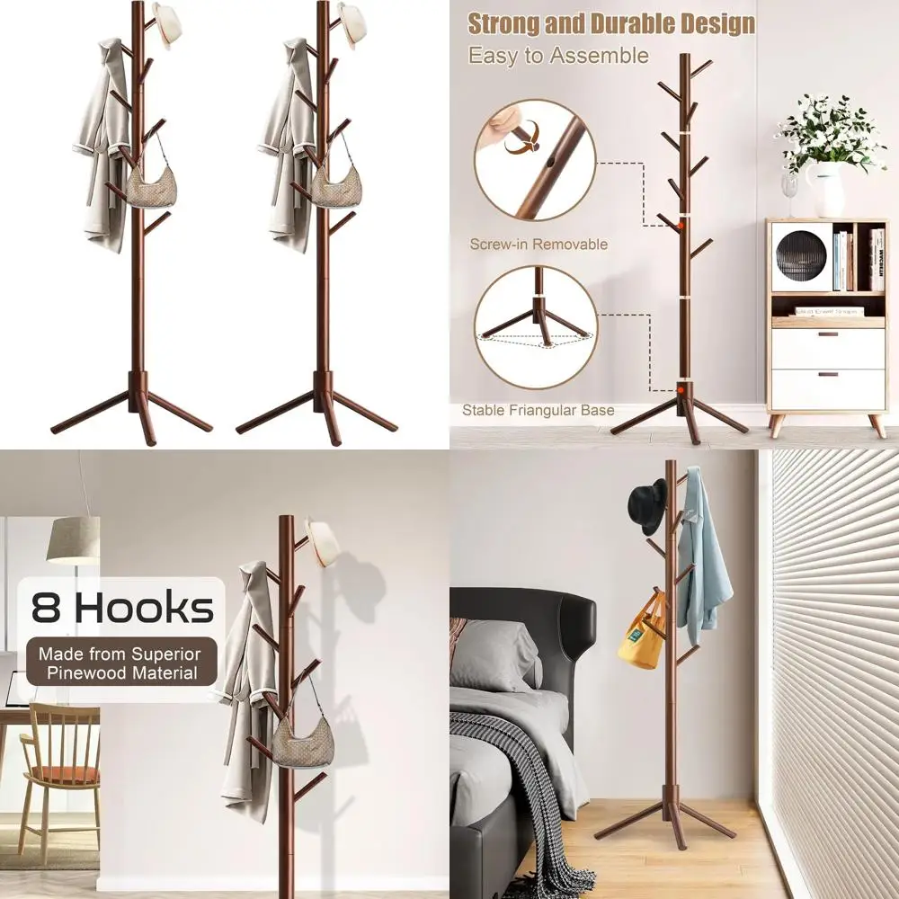 

Напольная деревянная вешалка на 8 крючков, регулируемая 3-ярусная стойка для шляп, пальто, шарфов и сумок, подходит для дома, офиса и