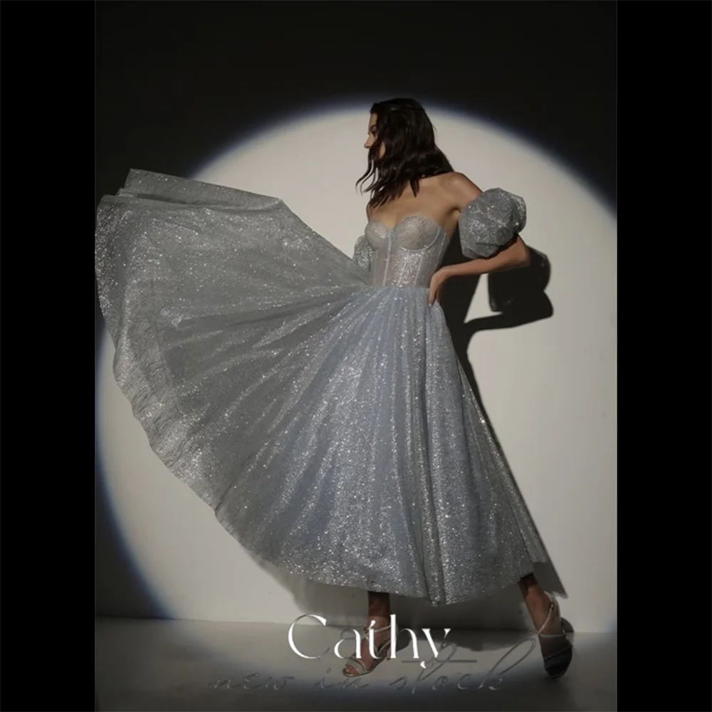 

Cathy Glitter Sequins A-line Prom Dress Detachable Puff Sleeve فساتين السهرة Elegant Sheath Plus Size Evening Dress