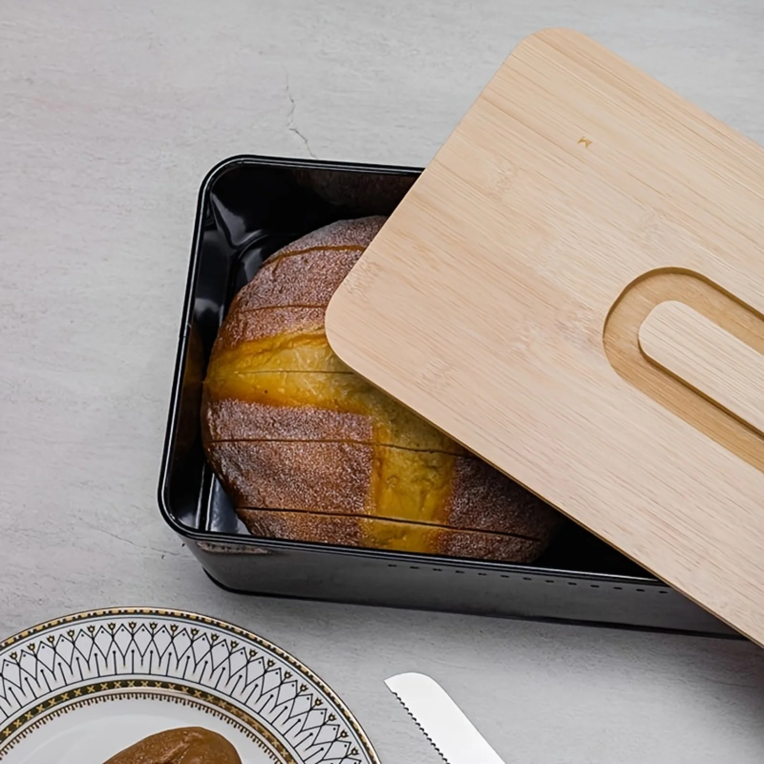 Fresh-keeping Bread Box with Wood Lid and Handle - Vented and Breathable Container for Vegetables and Food Storage - Kitchen Sup