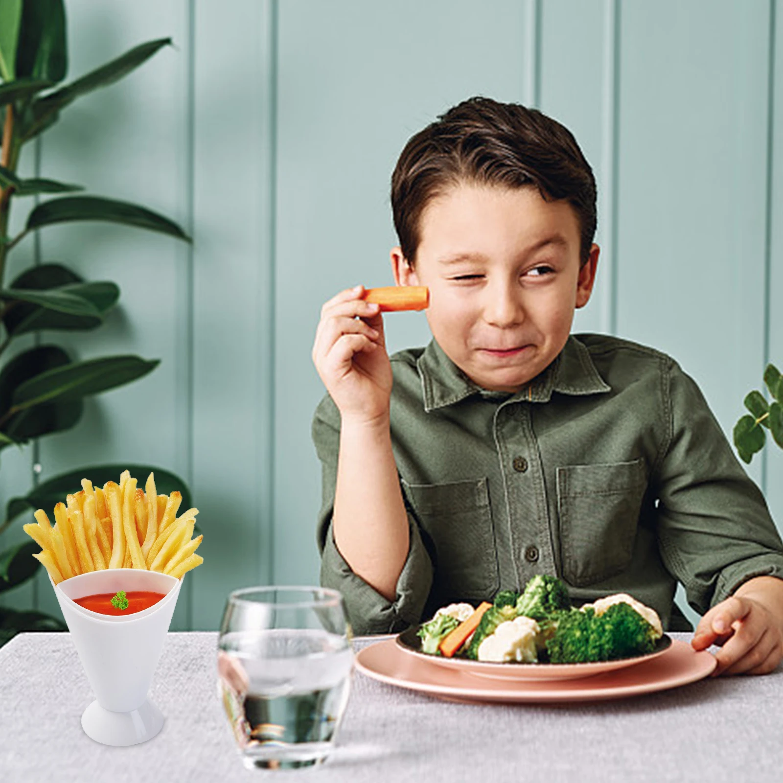 

3pcs Salad Cup Premium Pp French Fry Holder Dipping Container With Ketchup Slot For Home Hotel Party Use White