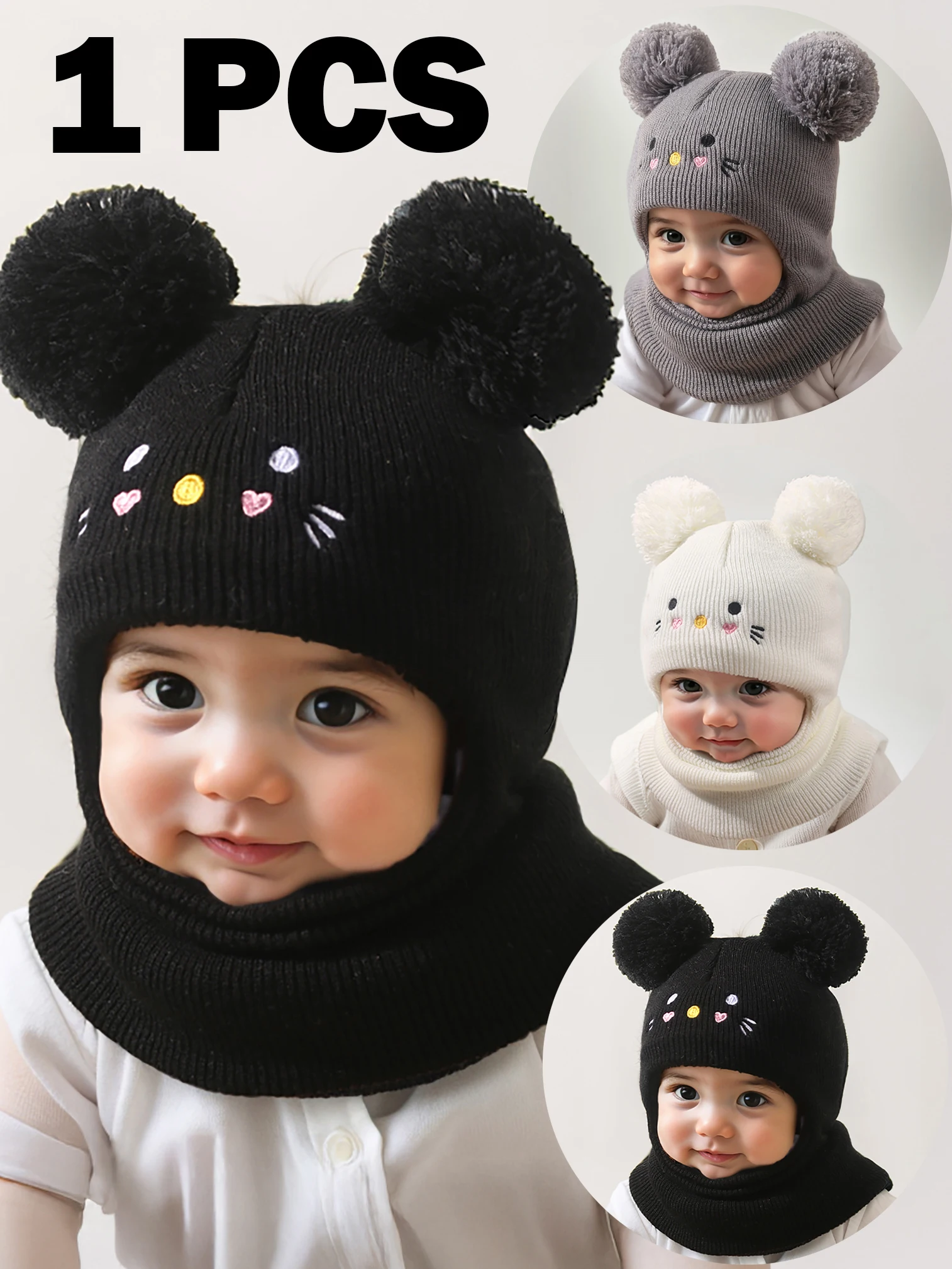 Gorro preto unissex para crianças pequenas, gorro duplo pom-pom para crianças e bebês, estilo y2k, chapéu de malha para recém-nascidos ao ar livre, quente wi, 1 peça