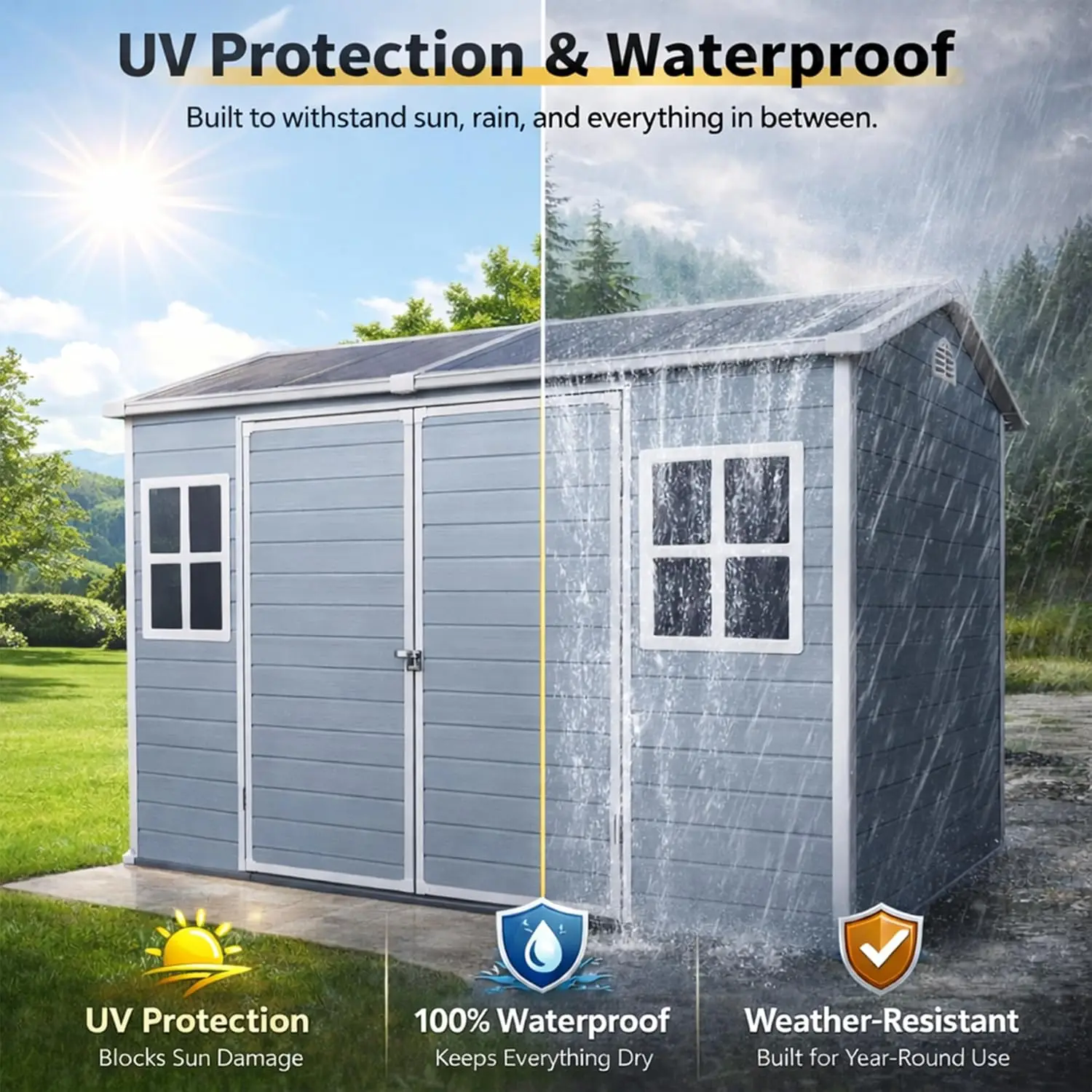 #8x4ft Outdoor Resin Storage Shed Lockable Plastic Double Doors Windows Waterproof UV Bike Lawn Equipment Customized