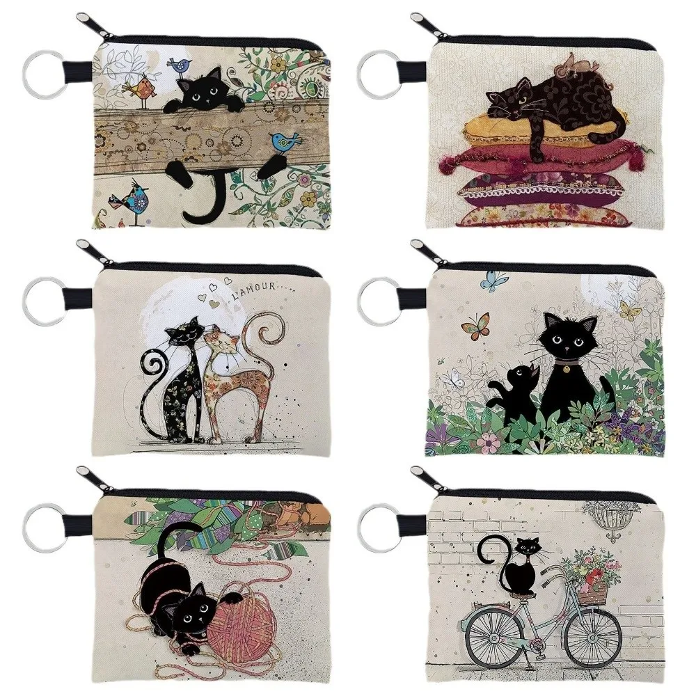 New Cat Print Coin Purse with Zipper Polyester Keychain Coin Pouch Portable Square Small Wallet