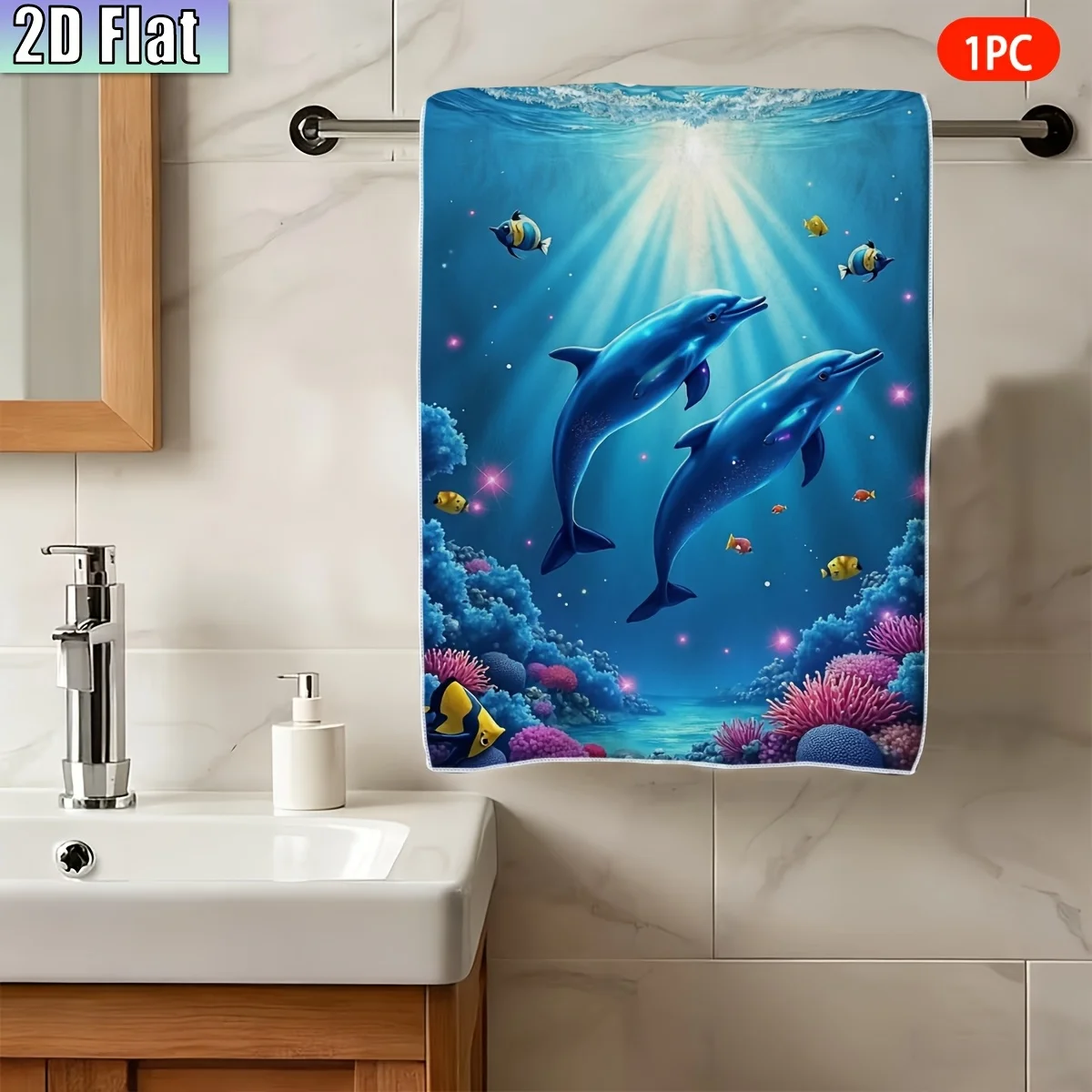 1pc Dolphin Underwater Ocean Print Kitchen Towel,Soft Absorbent Hand Towel,Perfect for Bathroom,Kitchen,Pool,Beach,Marine Decor