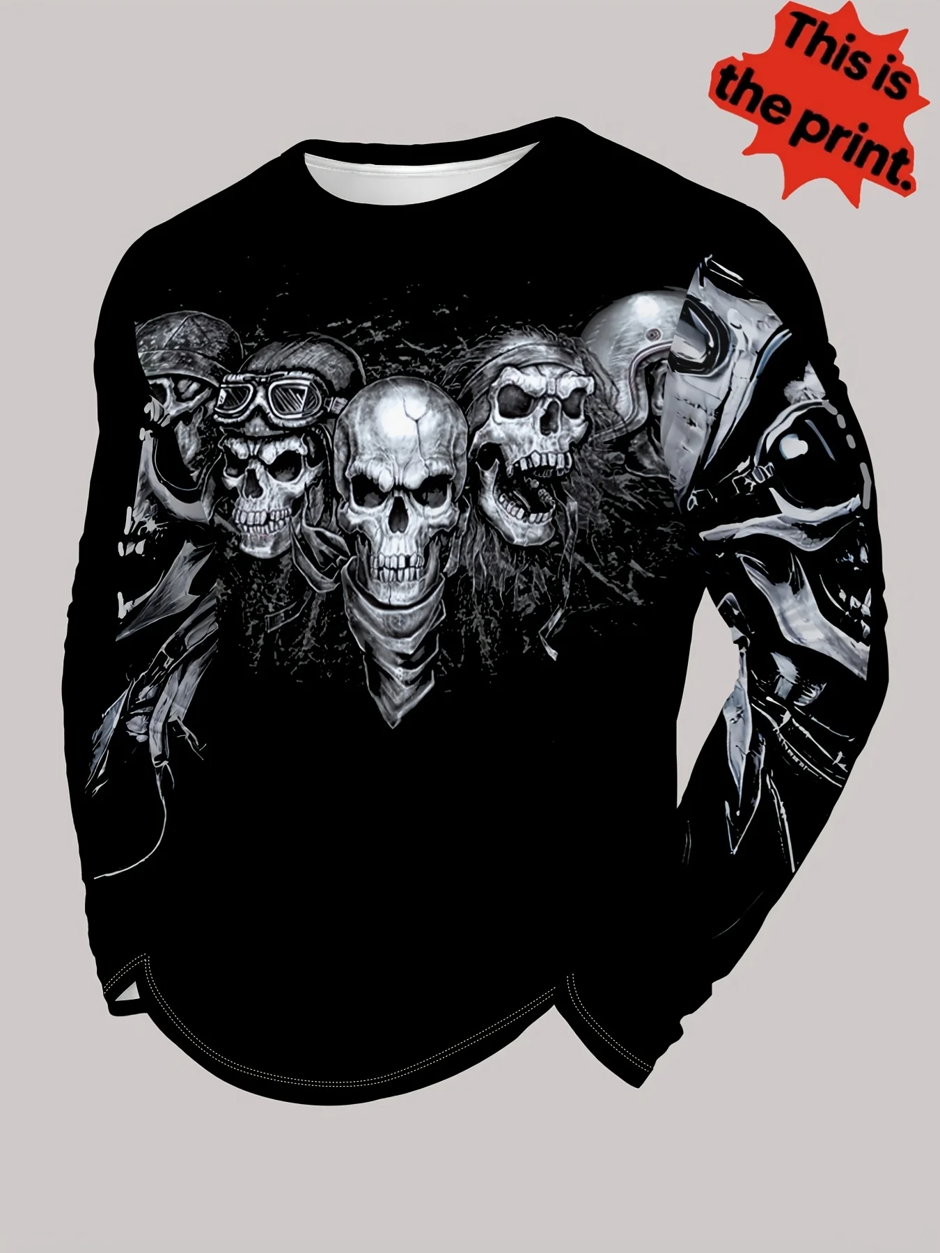 Men’s long-sleeve T-shirt featuring a row of skull-with-helmet prints; a casual, crew-neck long-sleeve top.