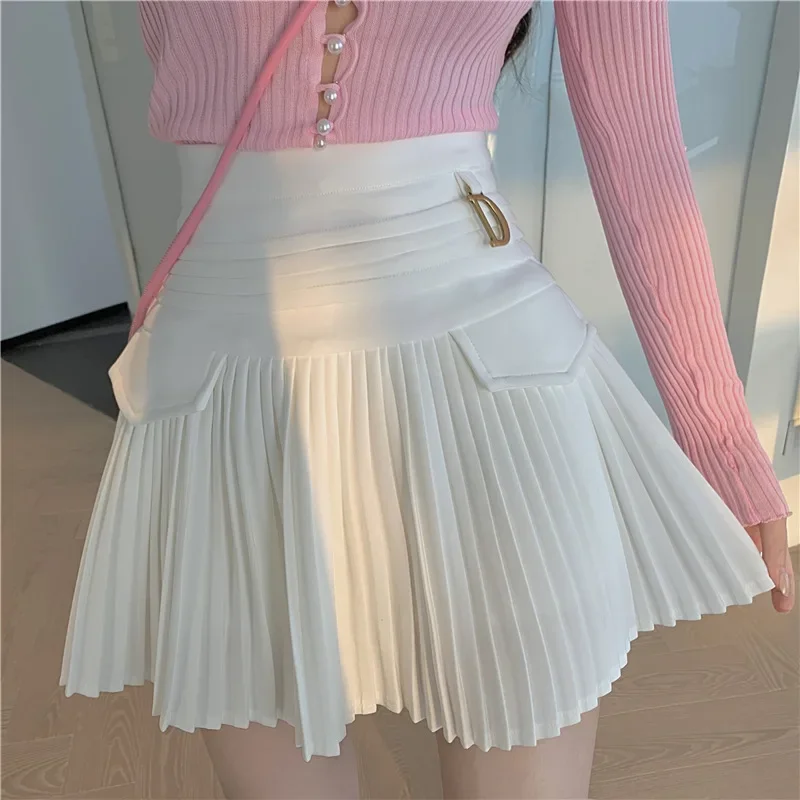 

White Pleated Skirts Fashion Sexy Casual Slim College Women High Waist Mini Metal Letter D A-Line Clubwear Korean Style