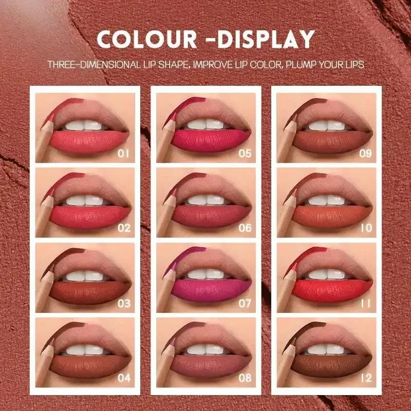 Precyzyjny matowy konturówka do ust, zestaw 12 sztuk, wodoodporna, odporna na rozmazywanie, długotrwała, zestaw do makijażu ust, wszechstronna gama odcieni.