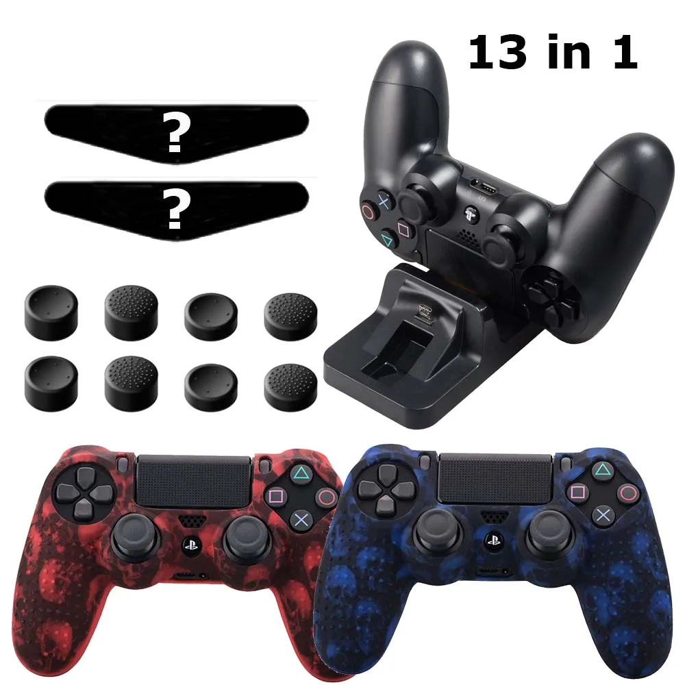 

Yoteen Controller Accessories Pack 13 In 1 for PS4 Case Silicone Cover Joystick Cap Light Bar Sticker Dualshock 4 Charging Dock