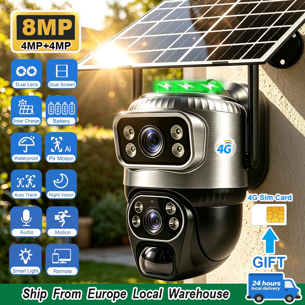 Cámara solar V380 Pro con tarjeta SIM 4G, 8MP, doble lente, bajo consumo de energía, cámara de seguridad CCTV con detección PIR de presencia humana, visión nocturna a color, comunicación bidireccional y batería integrada de 8000 mAh, ideal para uso en exteriores e interiores.