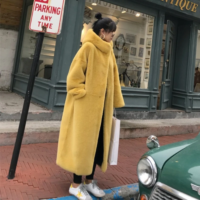 Hooded Thick Faux Fur Jacket Women Colorblock Autumn Winter Maxi Coat Long Warm Luxury Belt Fur Parkas Bontjas Furry Outerwear