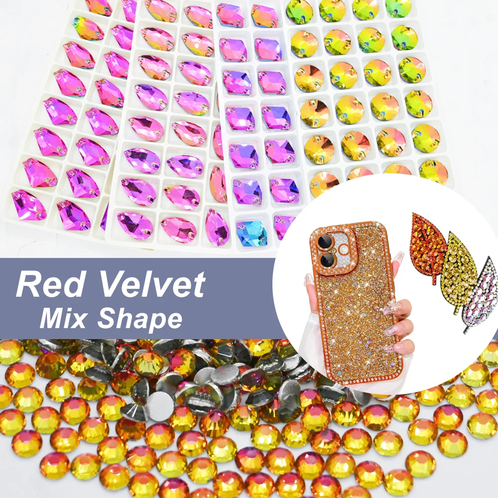 

Mix Shape Glitter Red Velvet Crystals Non Hot Fix Rhinestones Sewing Accessories Strass gems for Nail Art Nail Charms