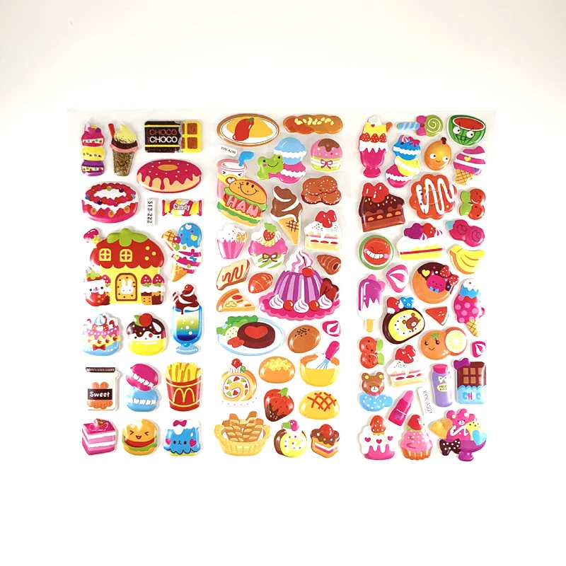 12 Sheets/Set Cartoon Bubble Stickers Burger Candy Cake Food Pattern Kids Cute Sticker for Children School Boy Girl Reward