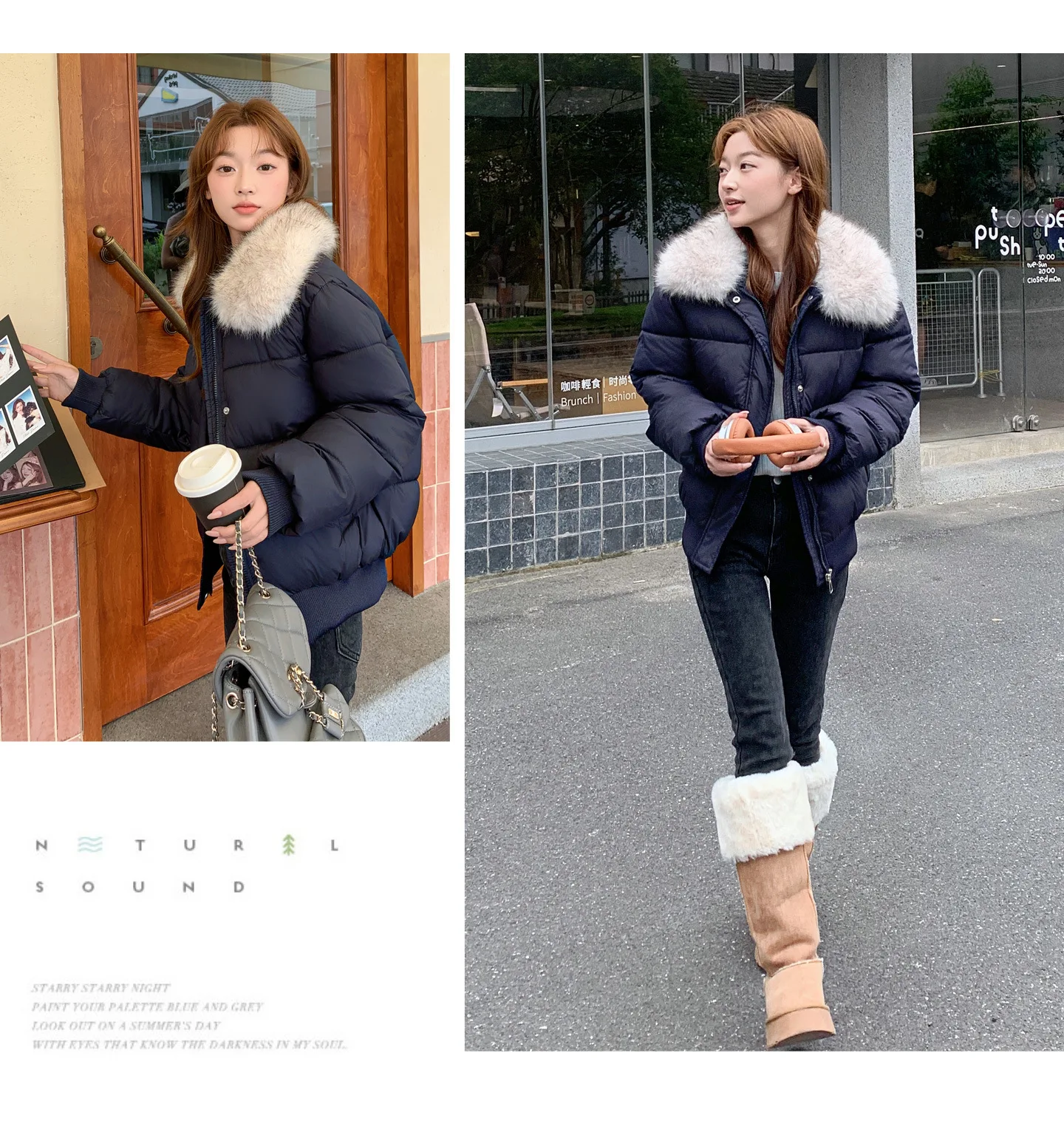 Korean Version Fashion Gray Long-sleeved Short Down Cotton Clothes Women's Winter New Removable Fur Collar Splicing Warm Jacket