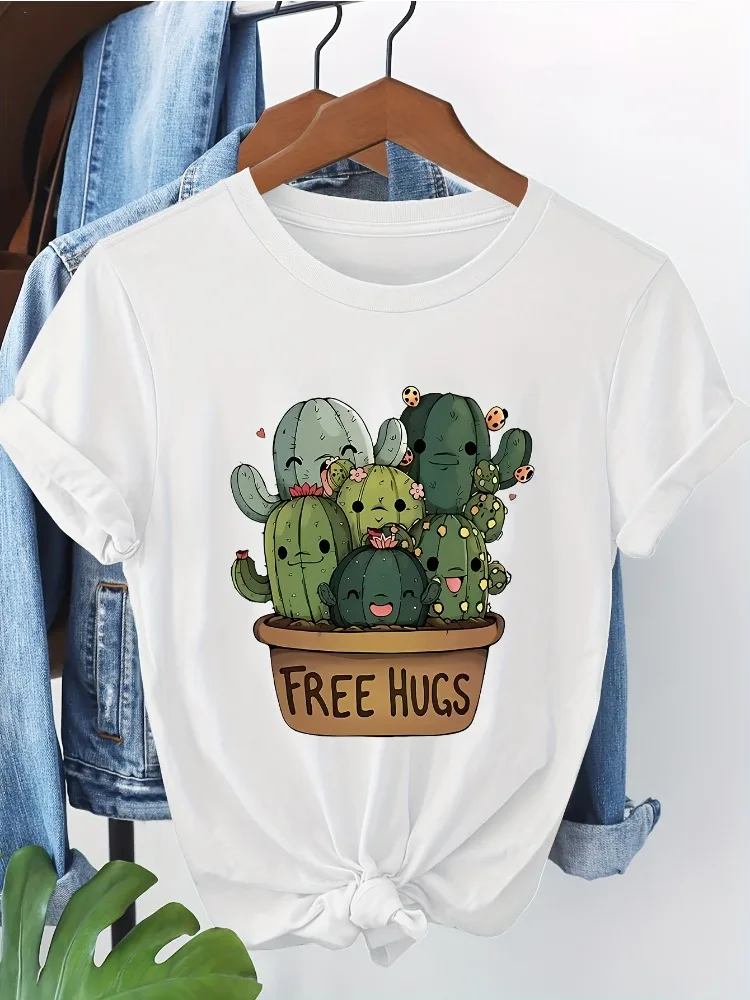 Cactus Pattern Print Women's Fashionable and Comfortable Cotton Short-sleeved T-shirt Oversized Harajuku Shirt Y2K Short-sleeved