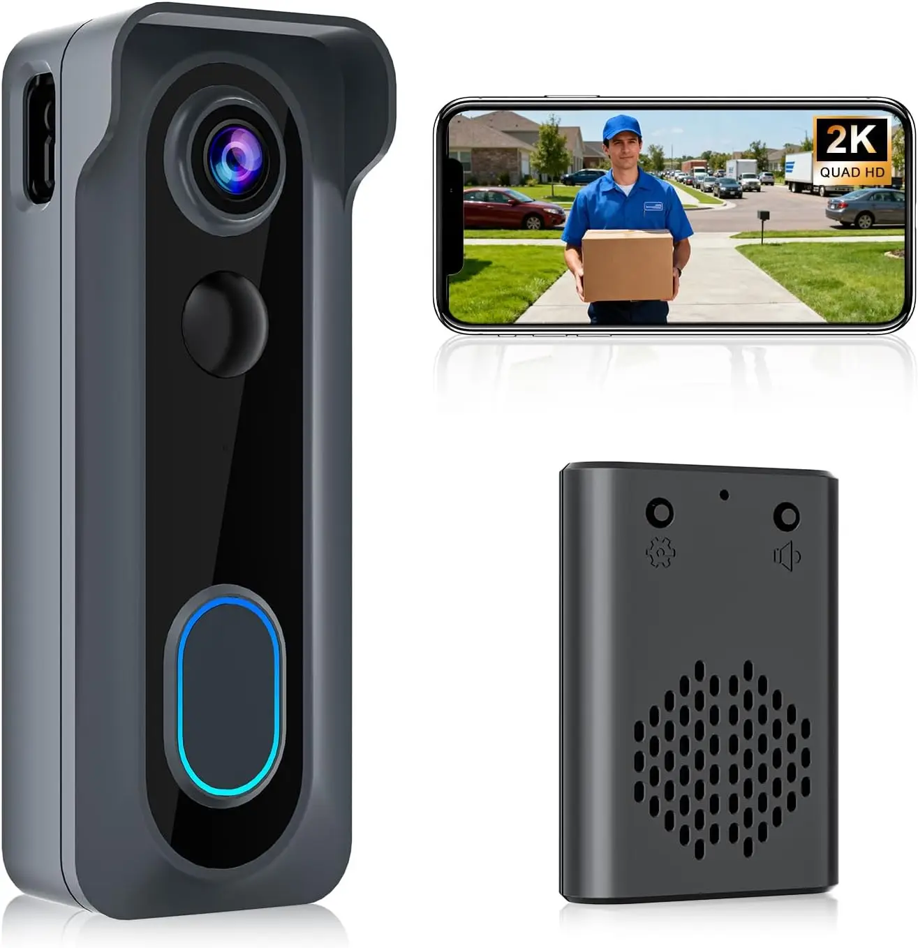 

Беспроводная камера-домофон с звонком: видео 2K HD, обнаружение движения с помощью ИИ, двусторонняя аудиосвязь, ночное видение, облачное хранилище