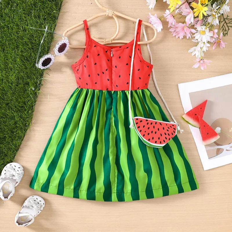 Girl’s Summer Dress Watermelon Print Cute Sling Children Clothes Sleeveless Dress+Bag 2pcs Baby Princess Clothing Outfits Ropa