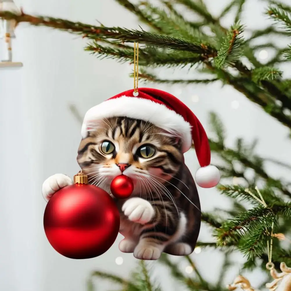 Playful Kitty Decoration Cute Acrylic Christmas Cat Ornaments with Santa Hat Ball Festive Kitty Decor for Tree Car Bag for Cat