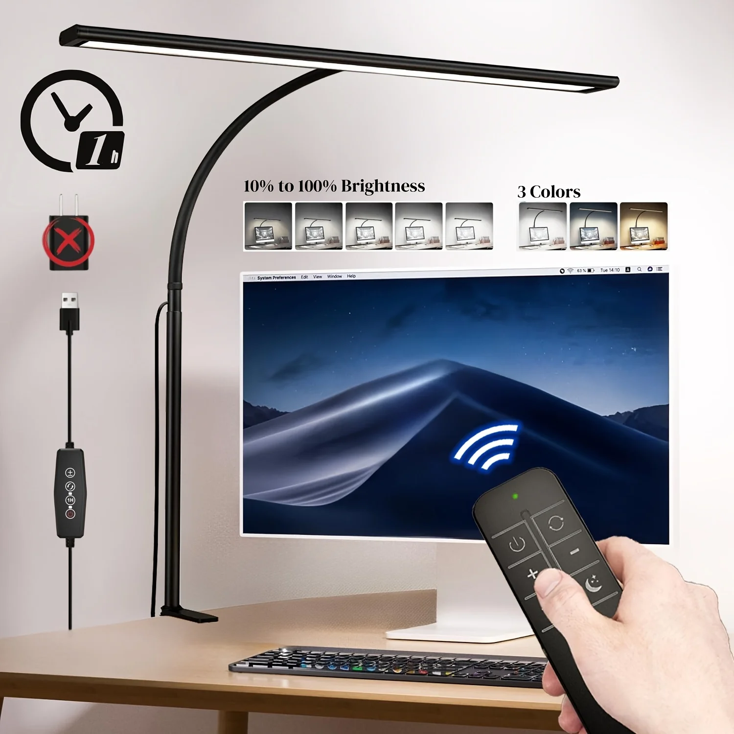 

LED Desk Lamp with Remote Control, Eye-Caring Desk Light with Stepless Dimming Adjustable Flexible Gooseneck(Black&White)