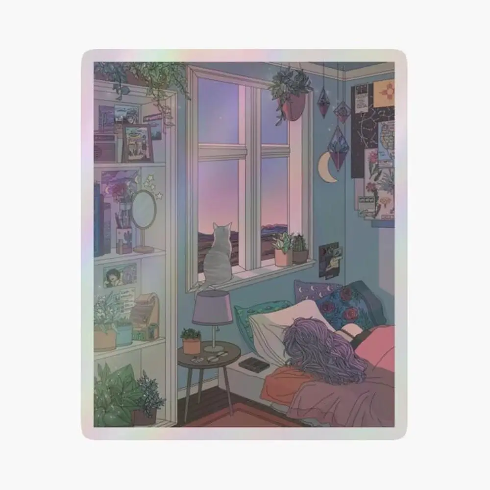 

Early Morning Holographic Sticker for Laptop Decor Bedroom Car Cute Cartoon Art Fashionable Public Suitcase