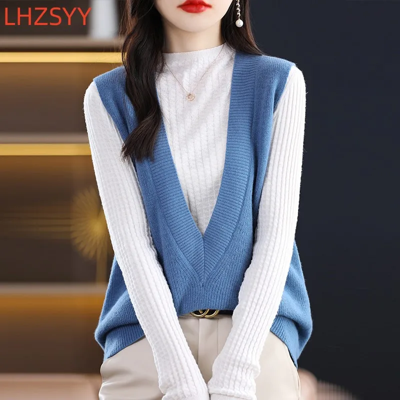 LHZSYY Autumn 100%Pure Wool Knit Vest Women New High-End Sleeveless Sweater take out V-Neck Cashmere Loose waistcoat Female Tops