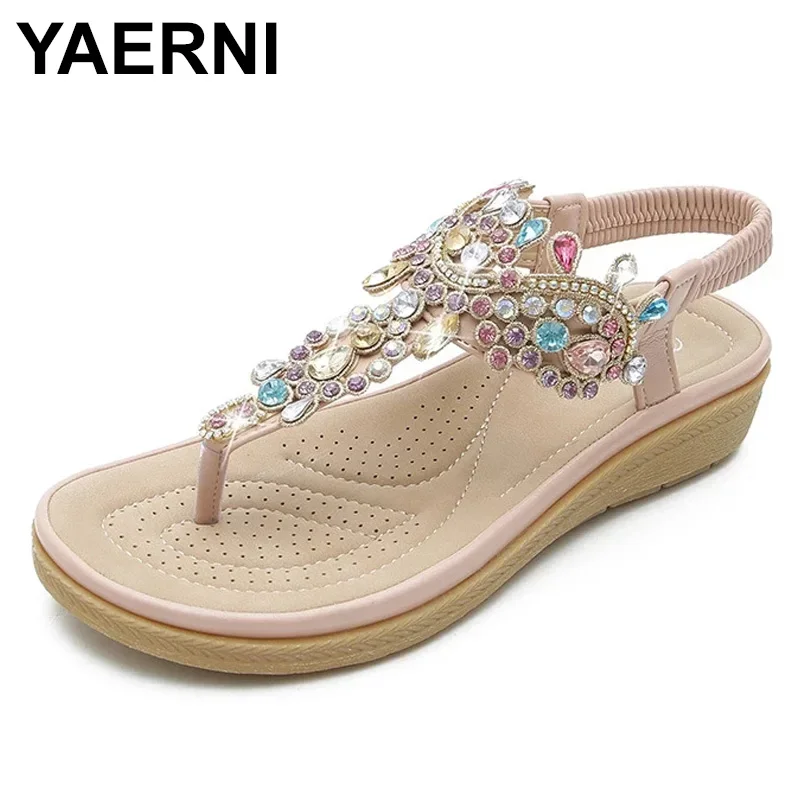 YAERNI estate punta tonda infradito da donna moda morbida personalità strass sandali da donna piattaforma di cristallo romano donne