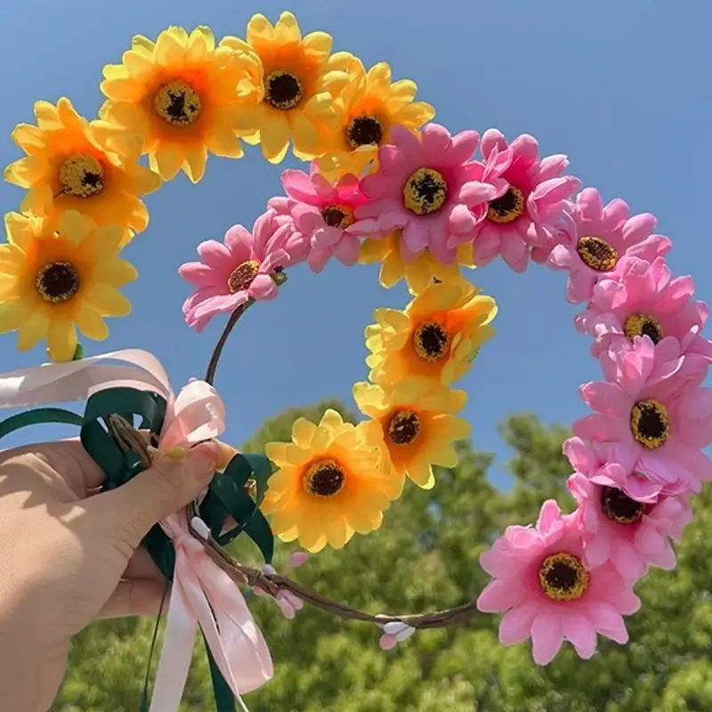 39BD Realistische Sonnenblumen Girlande Stirnband Böhmischen Krone Kopfschmuck Tiaras Haarband Frauen Hochzeit Party – Detail 3
