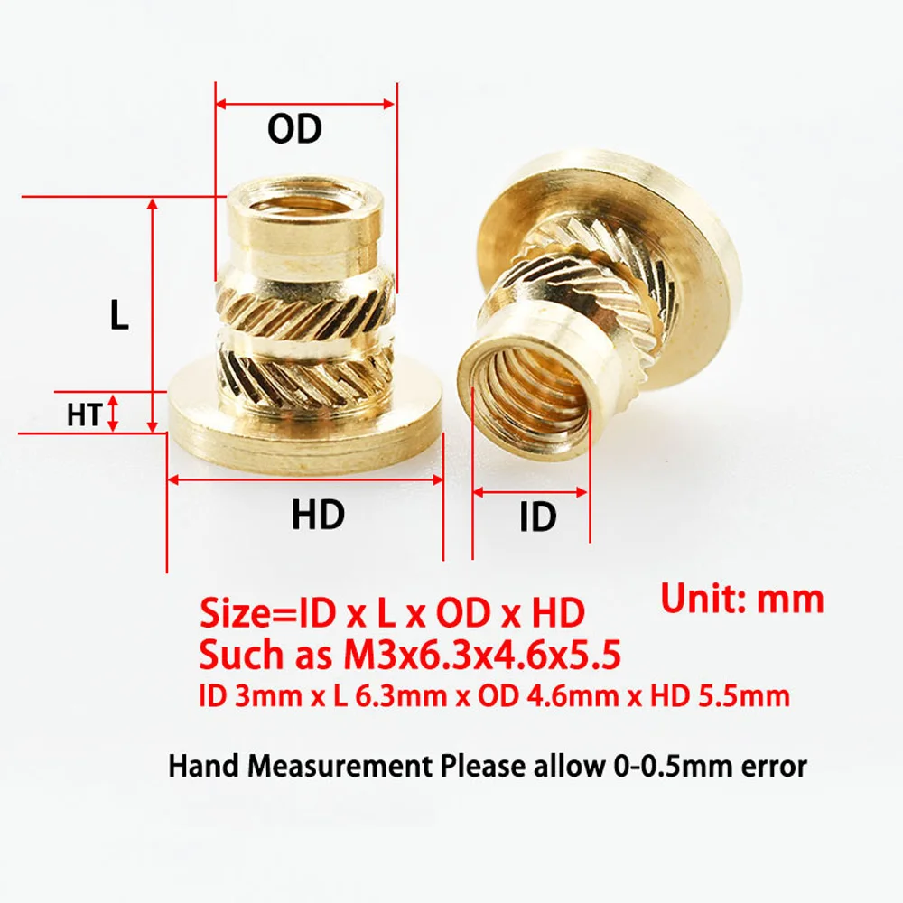 Brass Hot Melt Insert Knurled Flange Copper Nut Thread Heat Molding Injection Embedment T-type Nut M2 M2.5 M3 M3.5 M4 M5 M6 M8