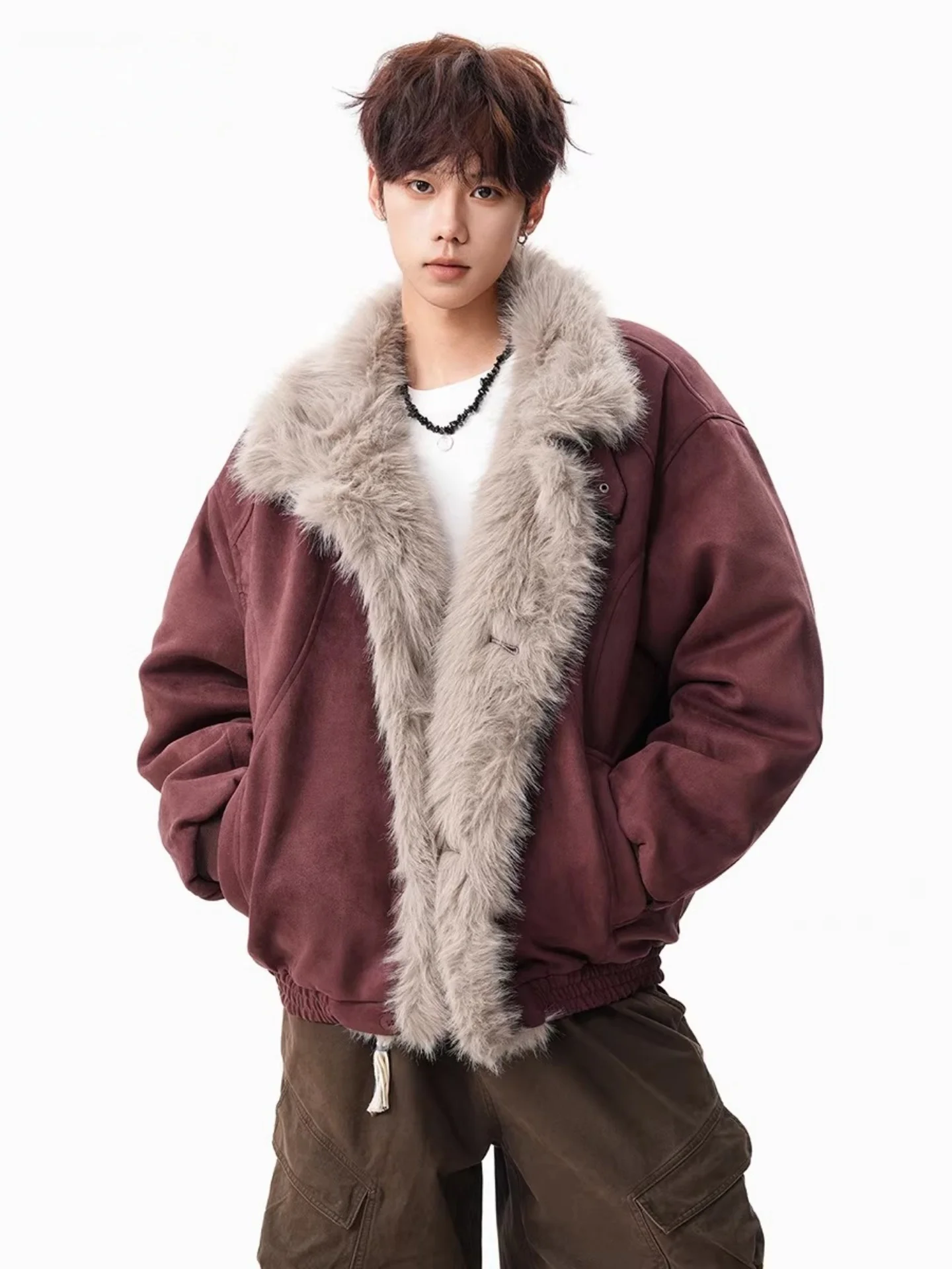 

American Sle Thiened Suede Parka Coat with Fur Collar for Men And Women Winter Warm Cotton Jaet Luy Year Red Outerwear