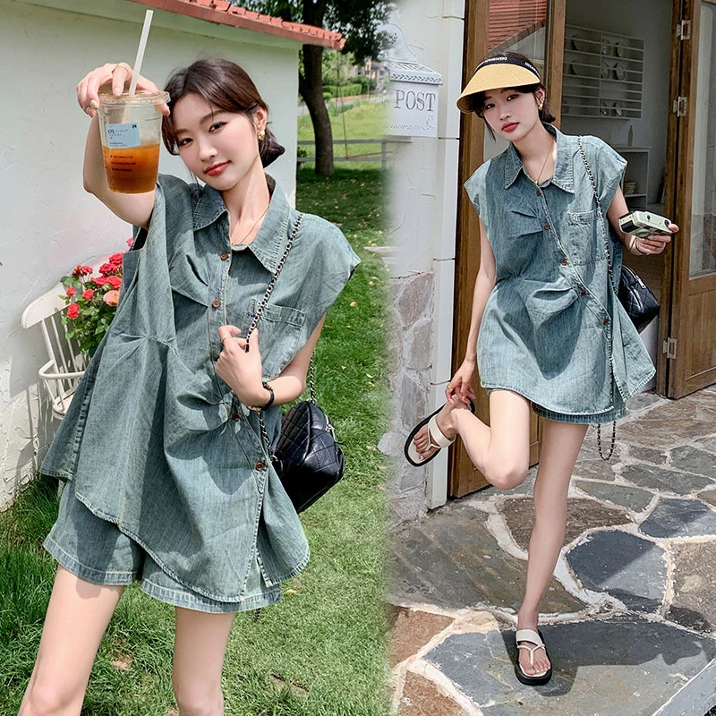 

High-End Women's Retro Denim Set Summer Thin Cool ort Pants Street Sle Two-Piece Suit Cotton Blend Button-Up Faion Set