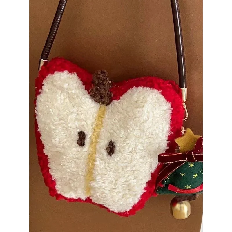 Unique Design Christmas Lamb Wool Apple Tote Bag Plush Mini Bag Versatile Shoulder Bag