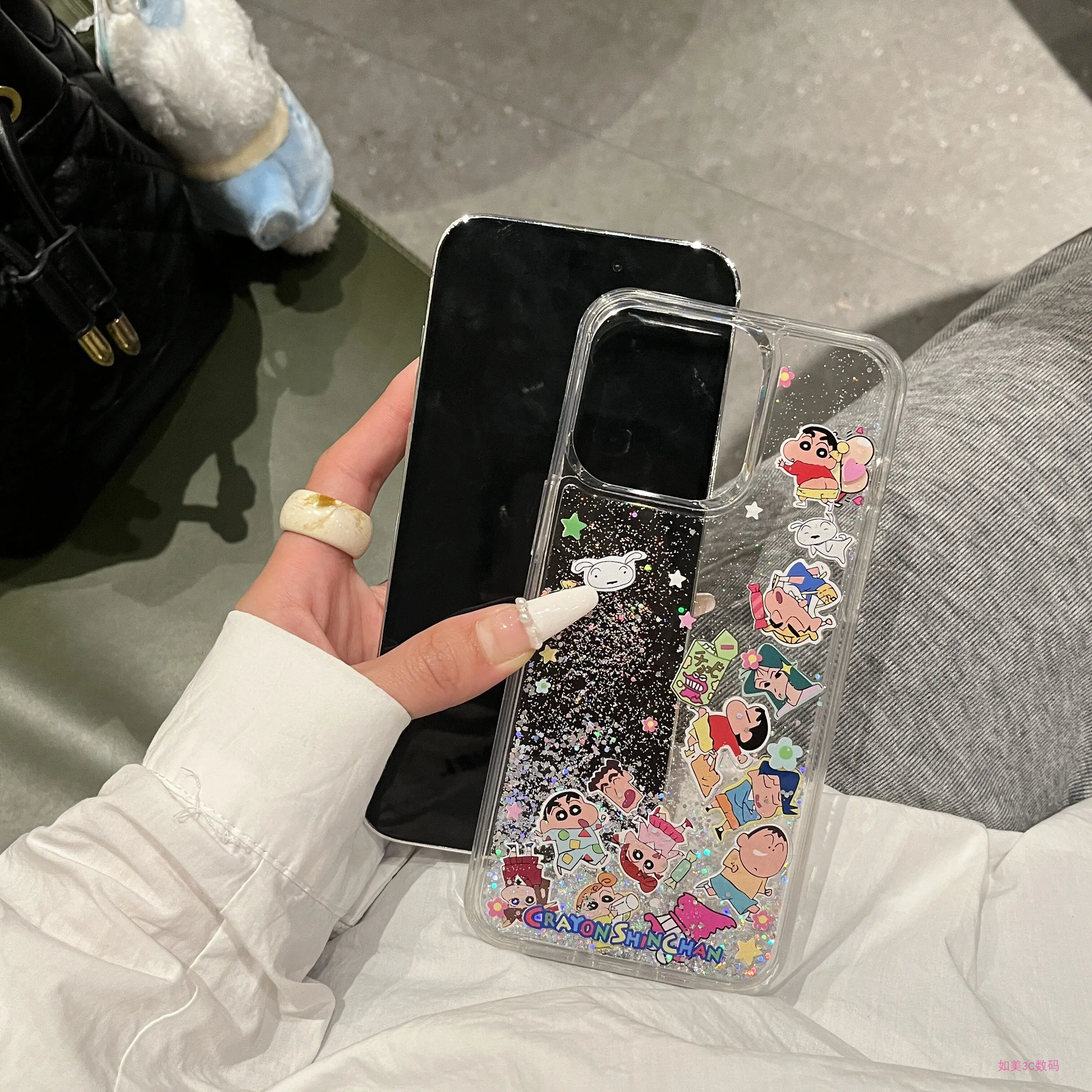 Cute Cartoon Japan Anime Crayon Shin chan Bling Glitter Quicksand Phone Case For iPhone 17 16 15 14 13 Pro Max Clear Hard Cover view 5