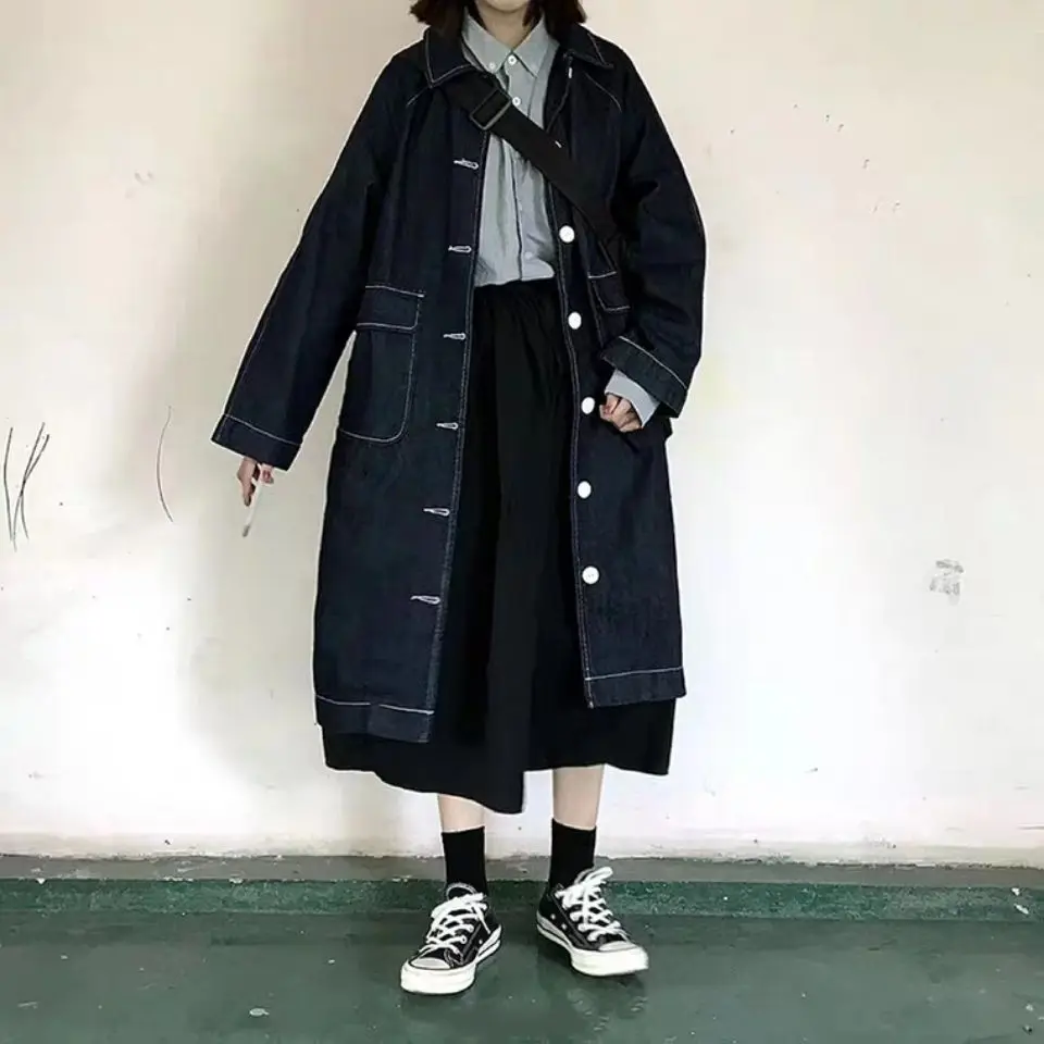 

Artistic Retro College Style Trench Coat For Women In Autumn And Winter Fashion, With Loose Collar And Denim Long Jacket
