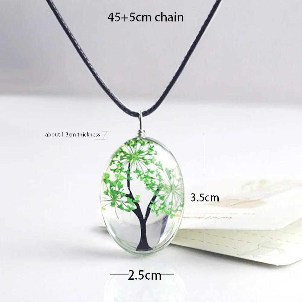 Handmade Tree Like of Life Dried Flower Necklace Resin Dome Glass Cabochon Flower Tree Pendant Necklace for Women Girls