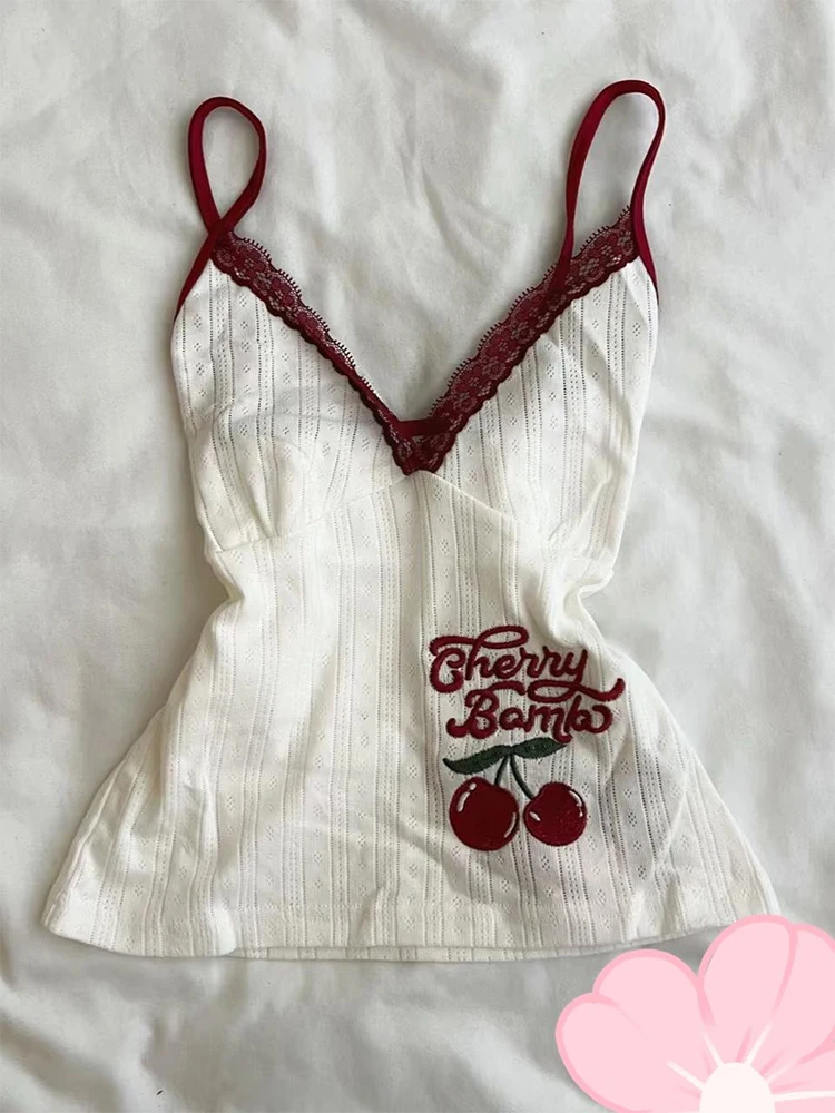 Woman Clothing Embroidery Cherry Summer Design Spice Girls Vest Lace Short Printed Top tanks & camis y2k clothes ropa de mujer