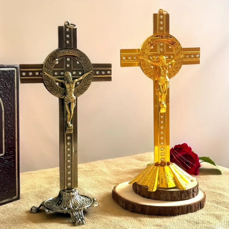 

Vintage & Gold Tone Standing Crucifix Cross with Crystal Rhinestones & INRI Engraving for Home Altar Prayer Religious Decor Gift