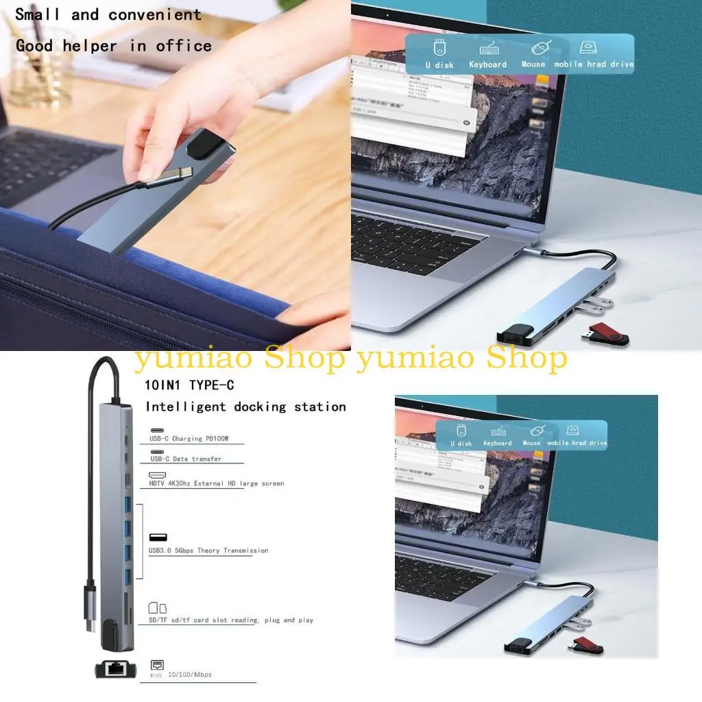 

Концентратор 587B Type C HDMI-совместимый Rj45 USB 3.0x4 RJ45 + слот TF PD 100 Вт док-станция 10 в 1 для портативных ПК,