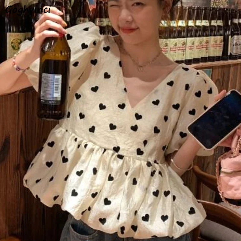 Love Print Kawaii Blouses Women Baggy Aesthetic Puff Sleeve Temper Summer Vacation Girl Basics Clothing Korean Style Daily 2023