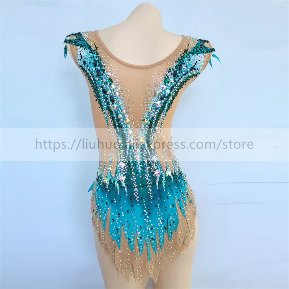 LIUHUO Women Girl Costume Performance Rhythmic Gymnastics Ballet Competition Leotard Ice Skating Dress Sleeveless Teen Blue Kids