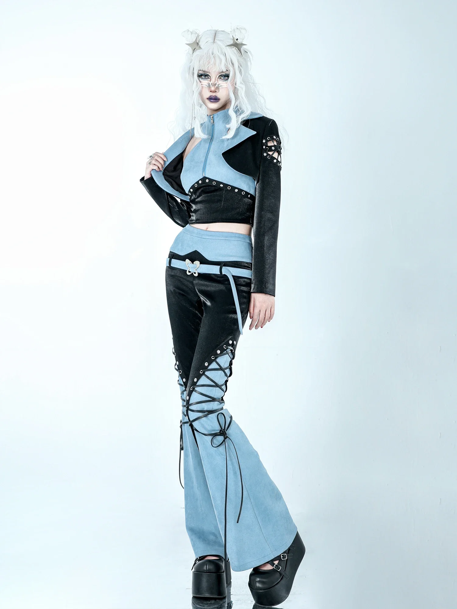 New Spring Autumn Streetwear Harajuku Punk Gothic Hot Girl Black Blue Bandage Stitching Denim Pants Fashion High Waist Slim Pant