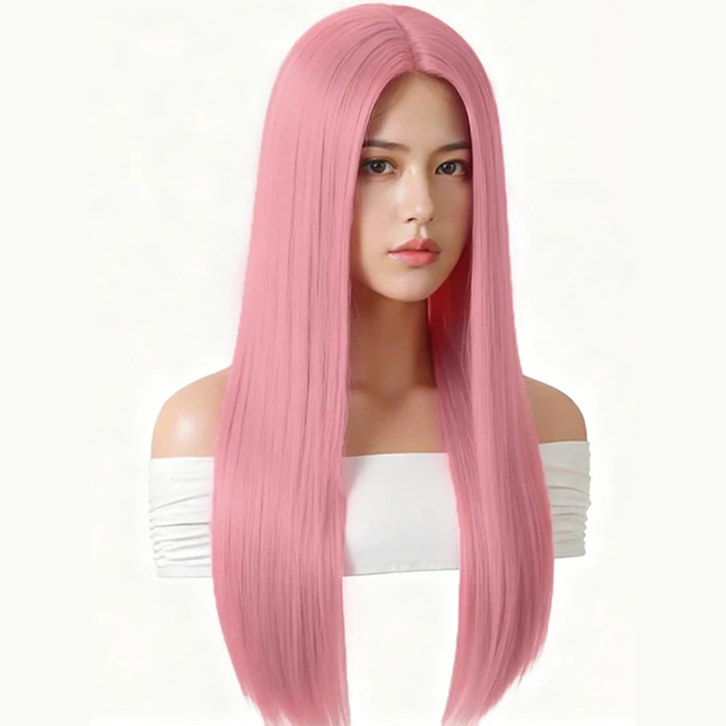 

Pink 28 inch straight synthetic wig, smooth and soft, high-density, fashionable, elegant and versatile for daily styling